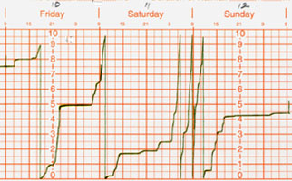 Rainfall chart for wet period at Llansadwrn for 10-12 December 1999.