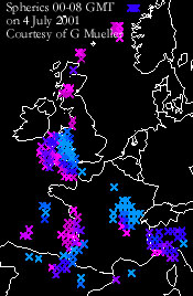 Sferics between 00-08 GMT on 4 July 2001. Courtesy of G Mueller Top Karten.