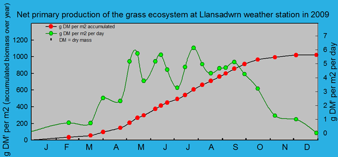 Net primary production and growth of the grass ecosystem at Llansadwrn weather station:  &copy; 2009 D.Perkins.