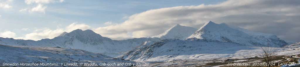 Snow on summits of the Snowdon Horseshoe on 4 January 2010.