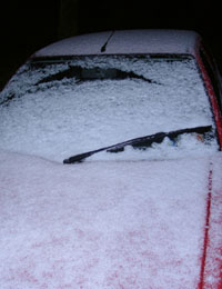 Snow pellets covering my car on 25 December 2001
