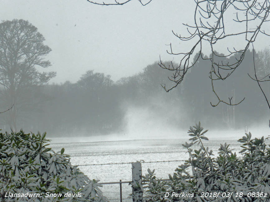 Snow devils formed over loose dry snow during gusty conditions.