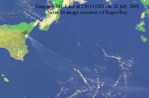 Erupting Mt. Etna with ash-plume drifting across the Mediterranean Sea: Noaa 16 at 1303 GMT on 21 July 2001. Image courtesy of Roger Ray.